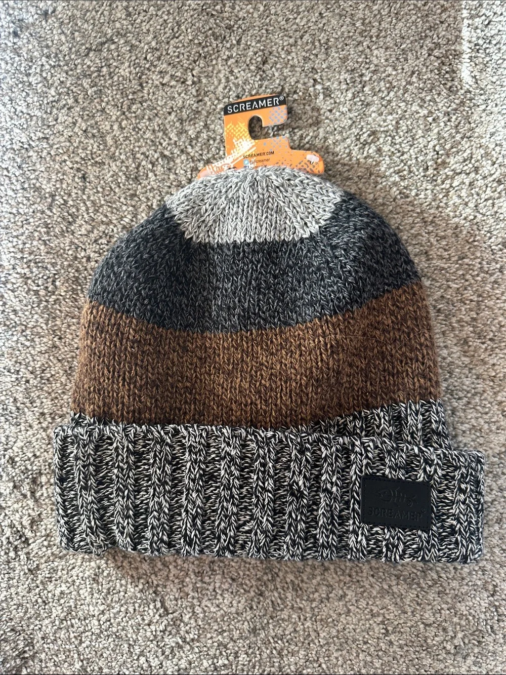 Screamer Striped Knit Fleece Lined Beanie in Gray, Brown, Black